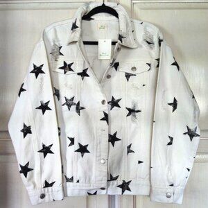 Blue Buttercup White Distressed Denim & Navy Blue Stars Jacket, SZ Large, NWT